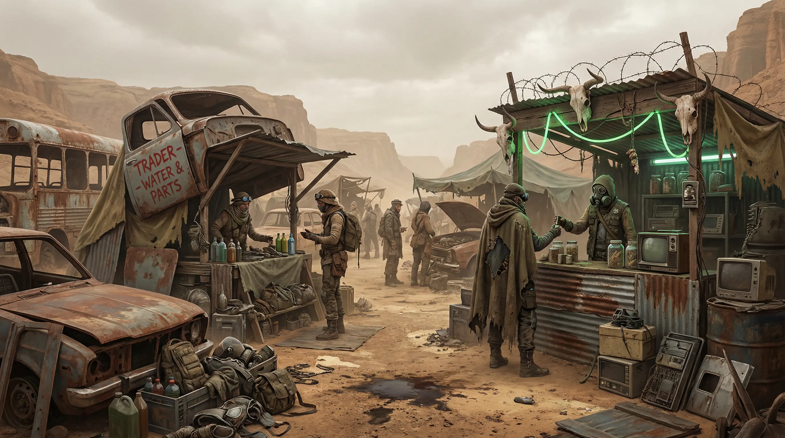 废土集市幸存者交易物资的热闹场景
